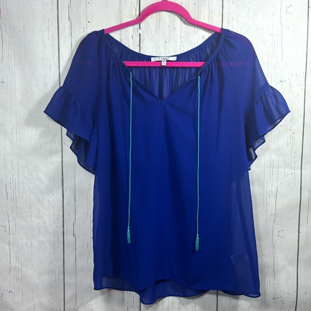 Milly Blue Tassel Tie Boho Sheer Ruffle Short Sleeve Flowy Peasant Top Blouse